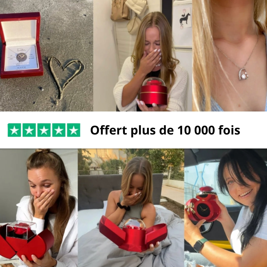 Rose éternelle sphérique - Avec collier à double cœur gravé