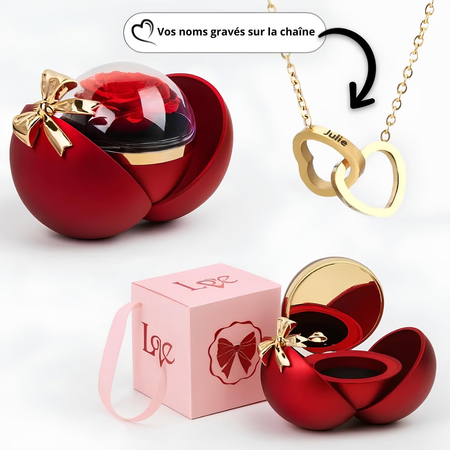 Rose éternelle sphérique - Avec collier à double cœur gravé