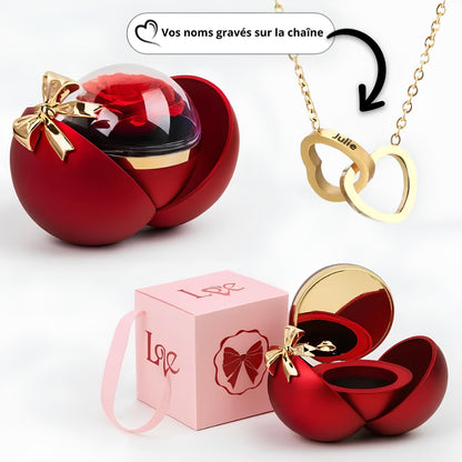 Rose éternelle sphérique - Avec collier à double cœur gravé