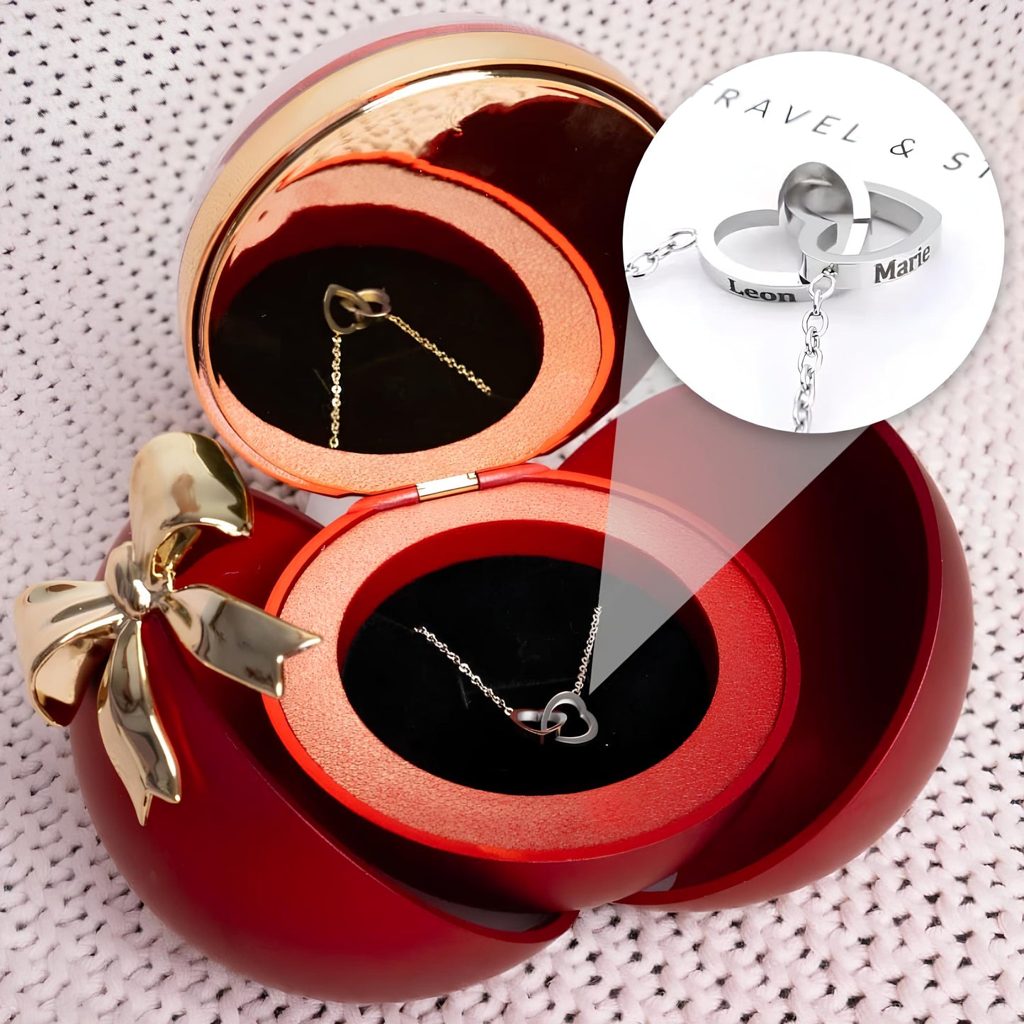 Rose éternelle sphérique - Avec collier à double cœur gravé