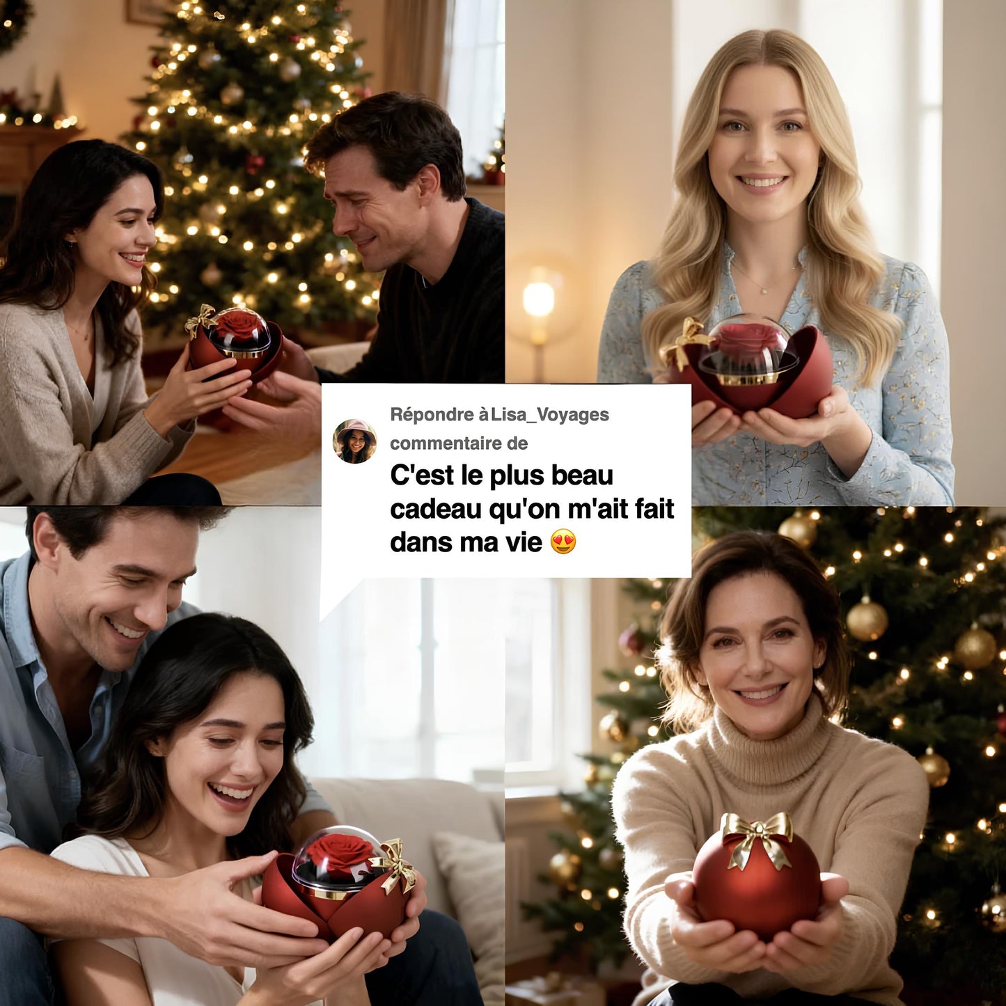 Rose éternelle sphérique - Avec collier à double cœur gravé